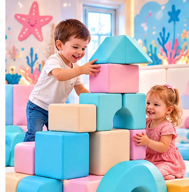 Kinder bauen mit großen Schaumstoff-Bausteinen in Pastellfarben