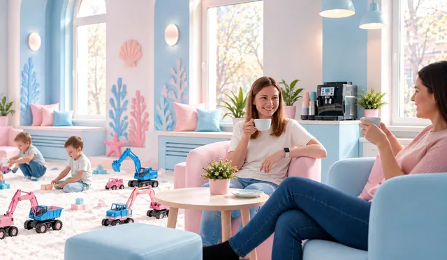 Zwei Mütter trinken Kaffee in der Café-Lounge, die Kinder spielen daneben im Salz