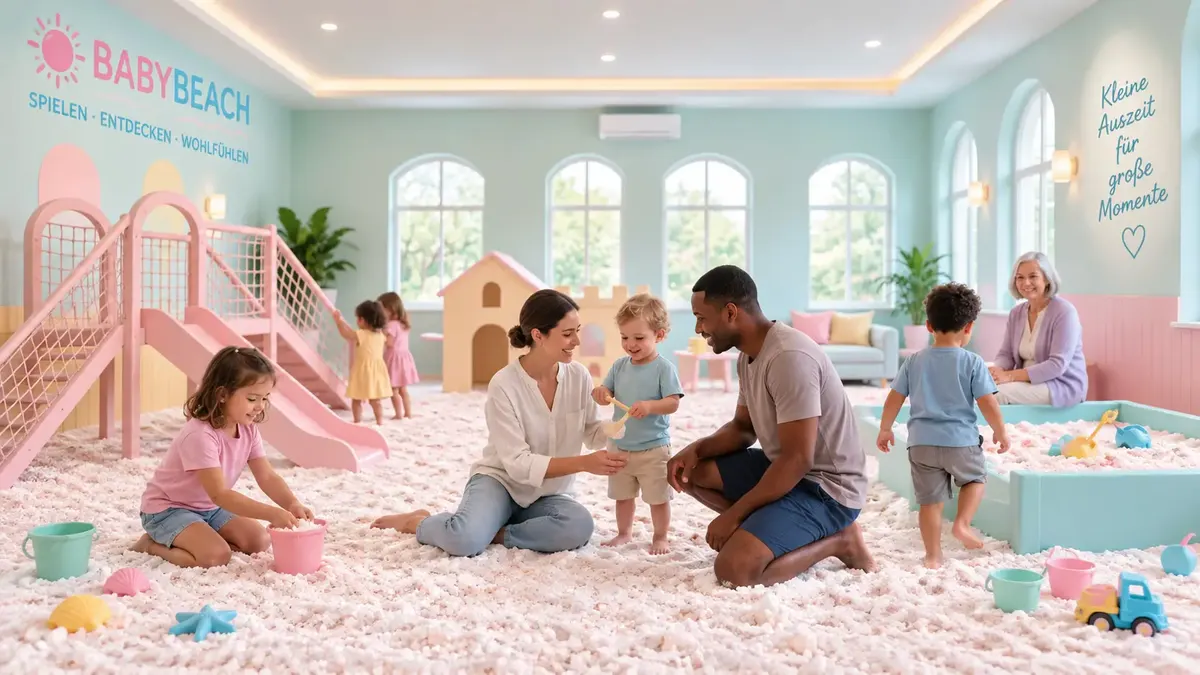 Heller BabyBeach-Raum mit Salzboden, Rutschen und Eltern, die mit ihren Kindern spielen