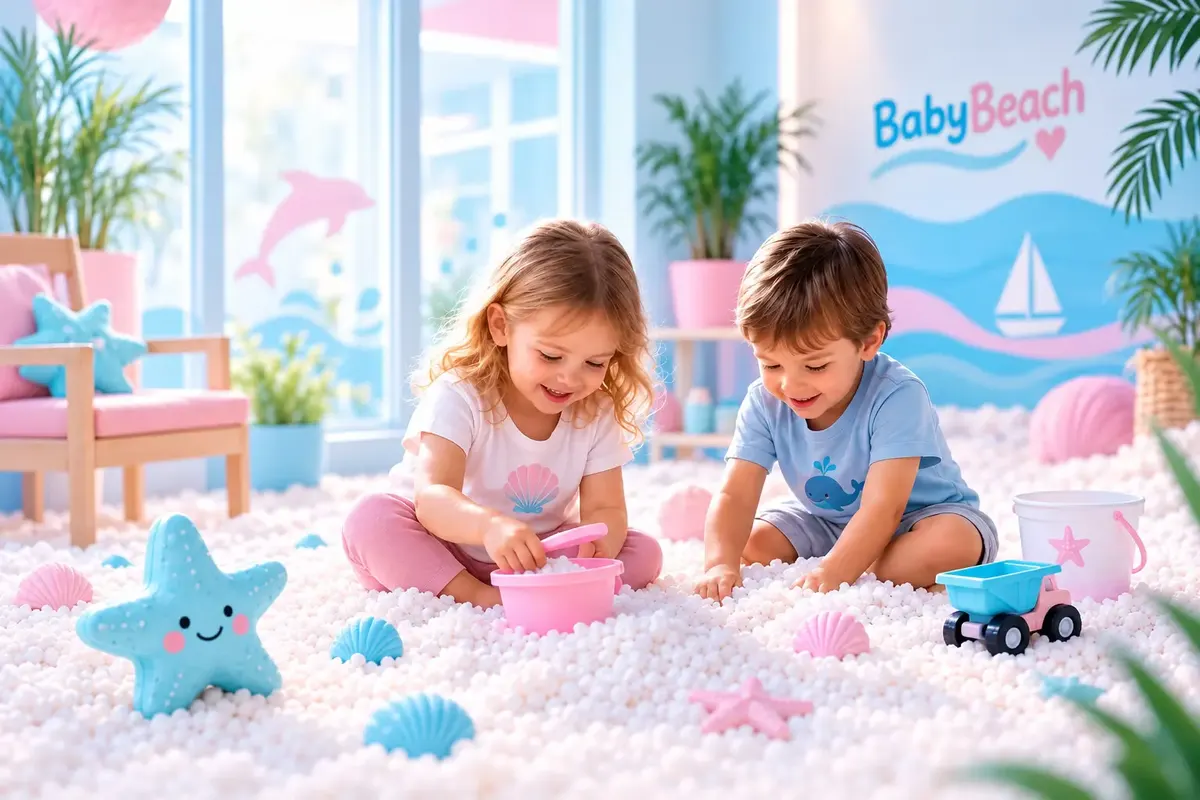 Zwei Kleinkinder spielen mit Förmchen im Salz, an der Wand das BabyBeach-Logo